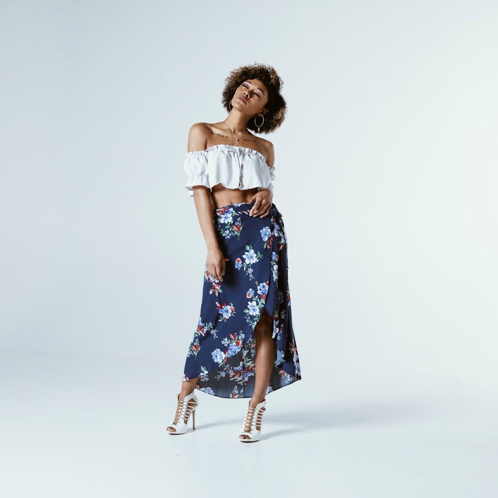 Navy Foral wrap skirt